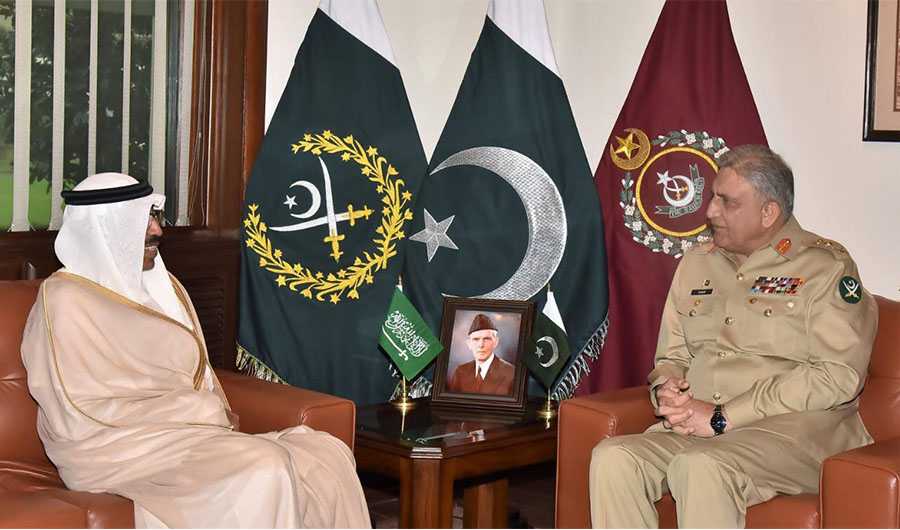 Saudi Arabia's assistant defence minister Mohammed Bin Abdullah Al Ayesh met with Pakistan military chief General Qamar Javed Bajwa in Rawalpindi, Pakistan on November 06, 2019. (Photo – ISPR)