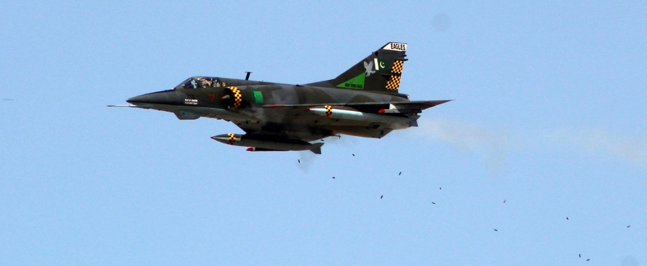 Mirage aircraft performing strafing run during Fire Power Demo-2019 held at PAF Sonmiani Firing Range on November 6th, 2019. (Photo Courtesy: Pakistan Air Force)