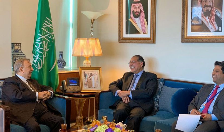Saudi Arabia’s permanent representative to the UN, Abdullah bin Yahya Al-Moallami, met with Pakistan’s newly appointed envoy, Munir Akram. (Photo Courtesy: KSA Mission UN, Twitter Account)