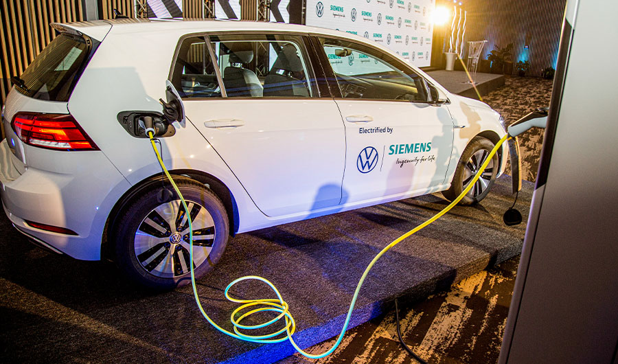 Volkswagen's first imported electric vehicle "e-Golf" is displayed during its launching ceremony in Kigali, Rwanda, on October 29, 2019. (AFP)
