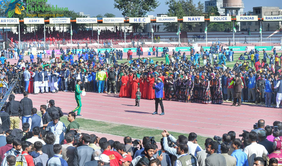 School students gather at the Peshawar Sports Complex in Peshawar where inaugural ceremony of 33rd National Games took place on Nov. 10, 2019. (Photo Credits: PTI Twitter Account)