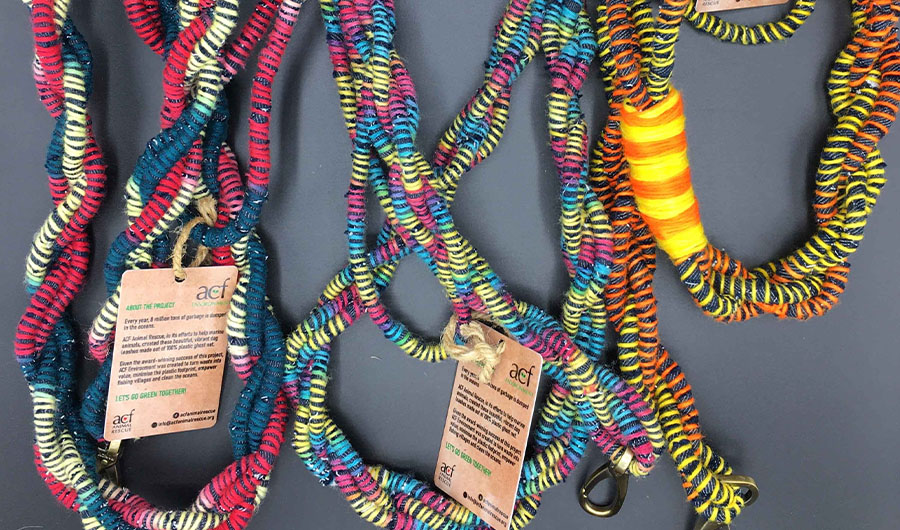 The colourful leashes made from ghost net by ACF are dyed and braided with denim to create repurposed and sustainable dog leashes. (Photo Courtesy: ACF Instagram Account)
