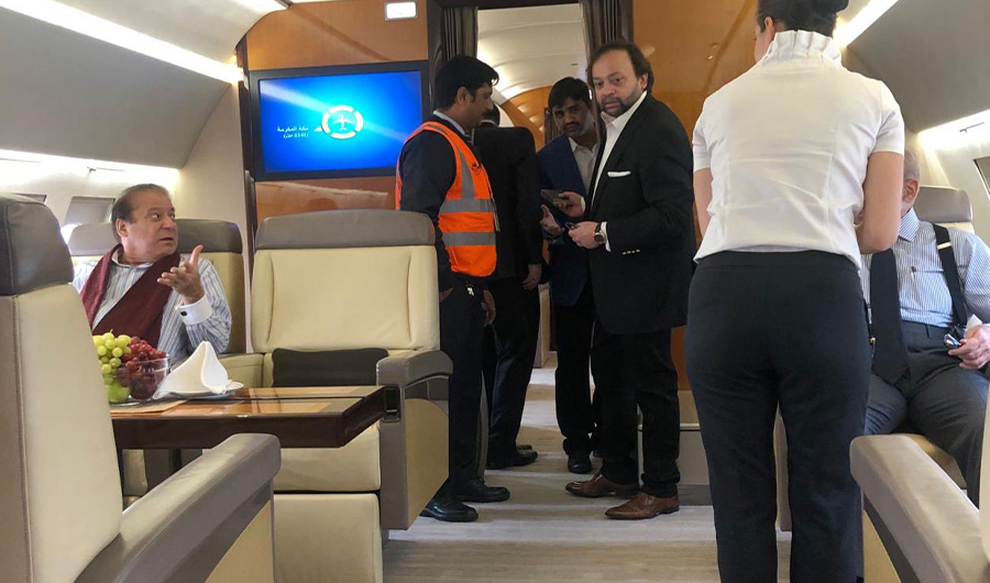 In this picture, ailing former prime minister Nawaz Sharif traveling in air ambulance for a medical treatment in london on Nov 19, 2019. (Courtesy: Social Media)