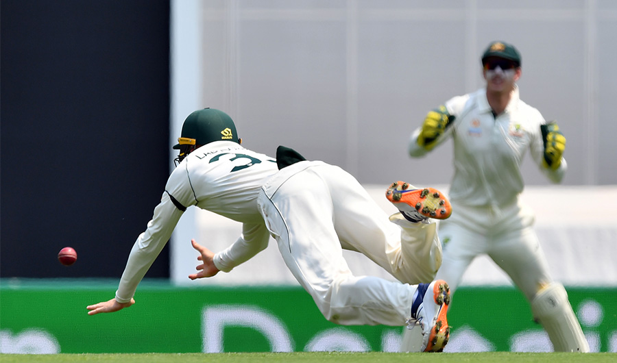 Australia's fielder Marnus Labuschagne dives in an attempt to catch the ball off Pakistan's batsman Shan Masood on day one of the first Test cricket match between Pakistan and Australia at the Gabba in Brisbane on November 21, 2019. (AFP)
