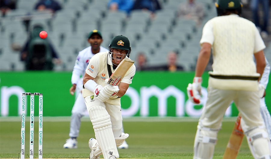 Australia'a batsman David Warner palys a shot on day one of the second cricket Test match between Australia and Pakistan in Adelaide on November 29, 2019. (AFP)