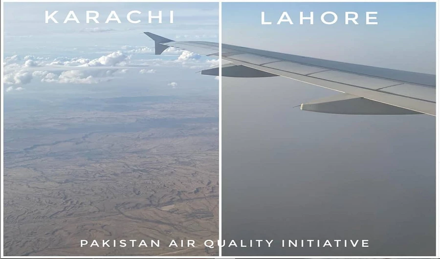 Actor Daniyal Raheel shares an image contrasting the air outside a plane window in Karachi and Lahore to show the alarming difference in the two cities. 31st October, 2019. (Via Daniyal Raheel Instagram)