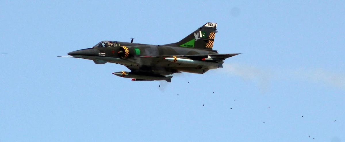 Mirage aircraft performing strafing run during Fire Power Demo-2019 held at PAF Sonmiani Firing Range on November 6th, 2019. (Photo Courtesy: Pakistan Air Force)