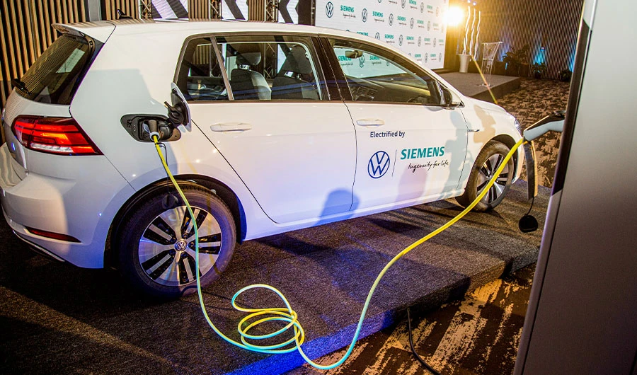 Volkswagen's first imported electric vehicle "e-Golf" is displayed during its launching ceremony in Kigali, Rwanda, on October 29, 2019. (AFP)