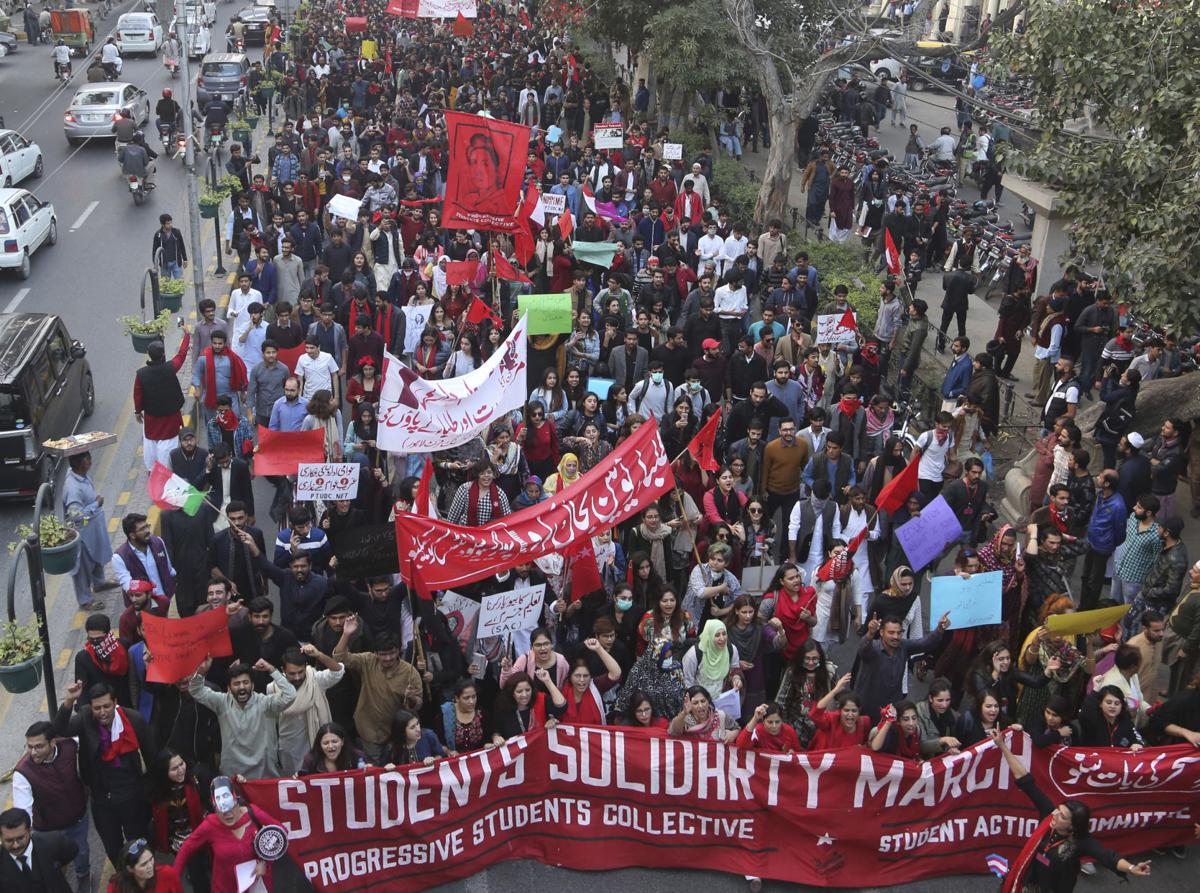 Pakistani students and civil society activists rally against ban on students' unions in Lahore, Pakistan on November 29th, 2019. (AP)