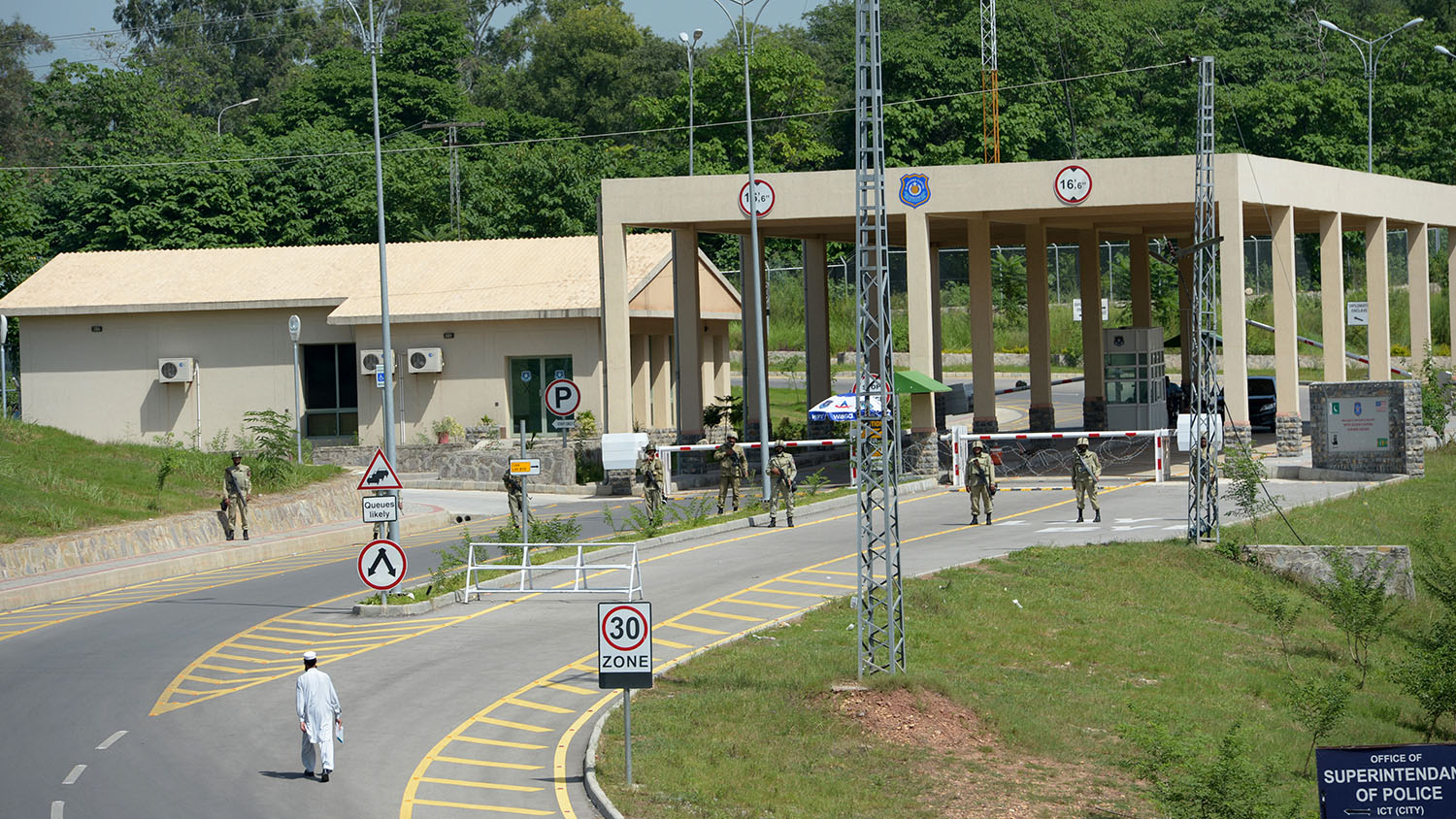 In this file photo, Pakistani Rangers patrol near the US embassy in Islamabad on Sept. 21, 2012. (AFP)