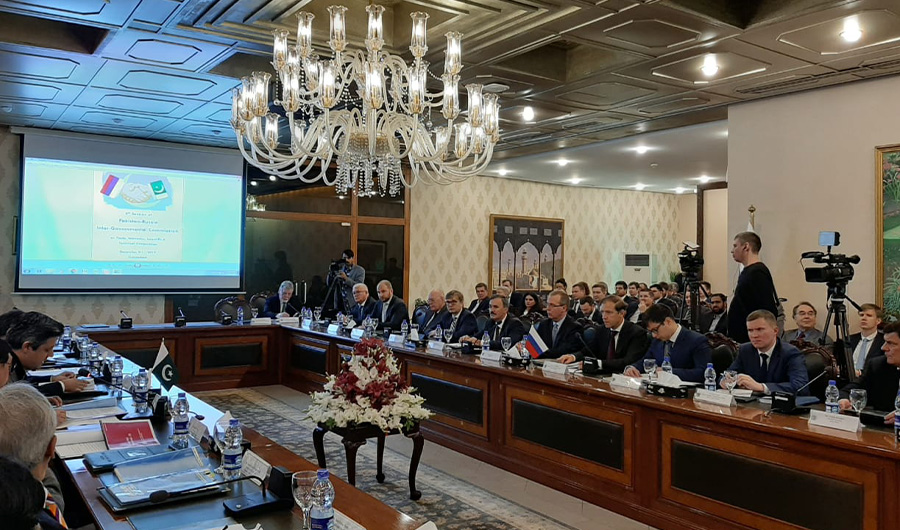 In this photo Russian delegation headed by Russian minister, Denis Manturov are discussing sale of Sukhoi Superjet 100 to Pakistan with Pakistani side on Dec 11, 2019 in Islamabad. (Photo courtesy: Foreign Office)