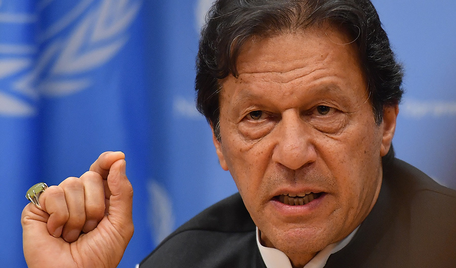 Pakistani Prime Minister Imran Khan speaks during a press conference at the United Nations Headquarters in New York on September 24, 2019. (AFP)
