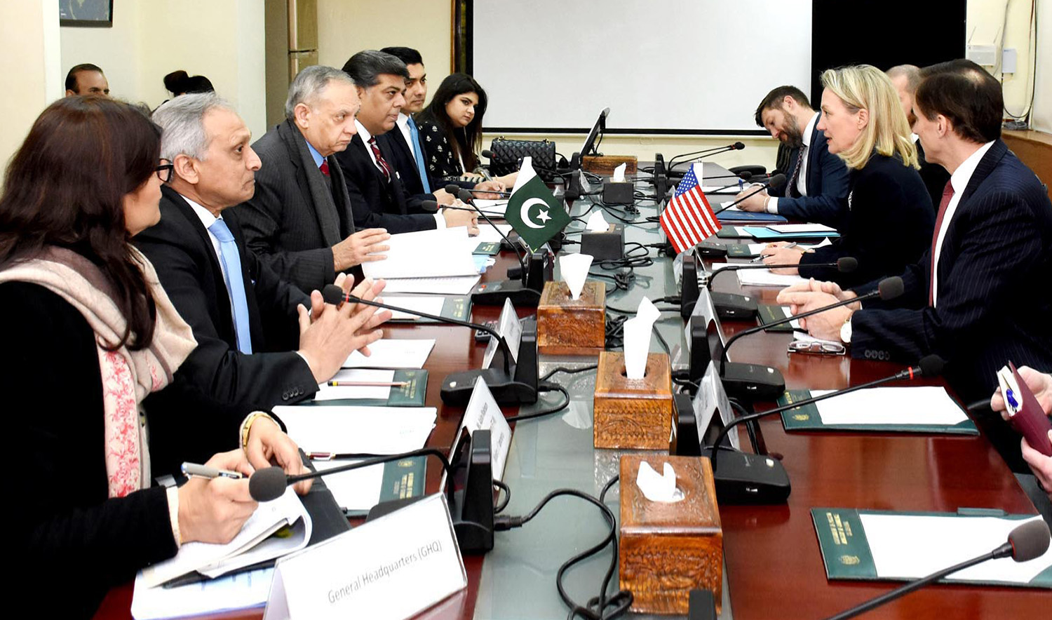 Adviser to the Prime Minister on Commerce, Industries & Production and Investment Abdul Razak Dawood, 3rd left, is seen in a meeting with Alice Wells, 2nd right, Acting Assistant Secretary of State, Bureau of South & Central Asia Affairs alongwith Ambassador Paul Jones, right, in Islamabad on Jan. 20, 2020. (Supplied)