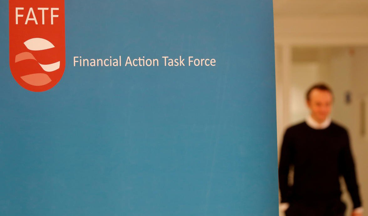 In this file photo, the logo of the FATF (the Financial Action Task Force) is seen during a news conference after a plenary session at the OECD Headquarters in Paris on Oct. 18, 2019. (REUTERS)