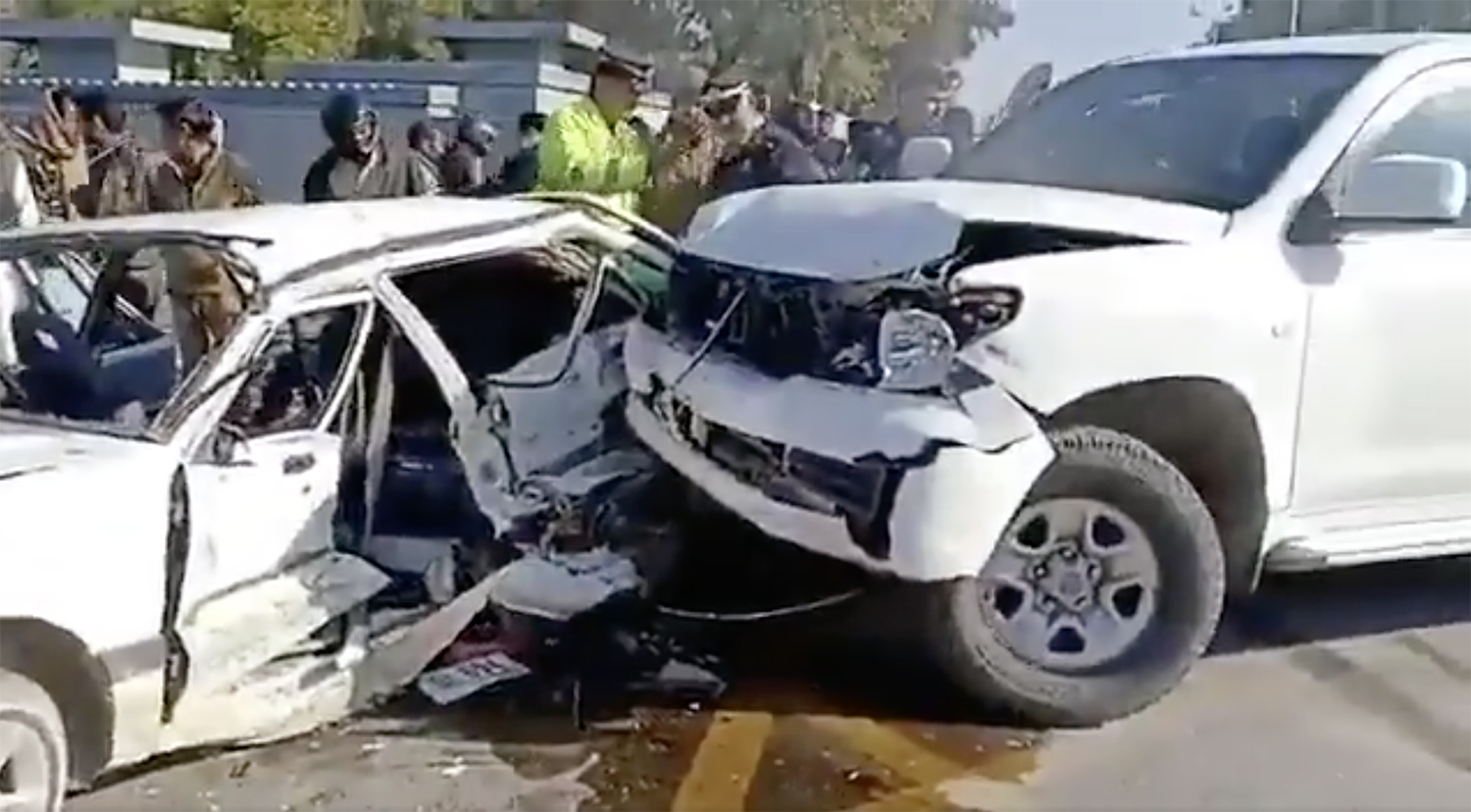 Aftermath of road collision involving a US embassy vehicle and a civilian car on Jan. 26, 2020 , which led to the death of one woman and left five people injured, at least one of them, a child. (Photo courtesy: Dawn News)