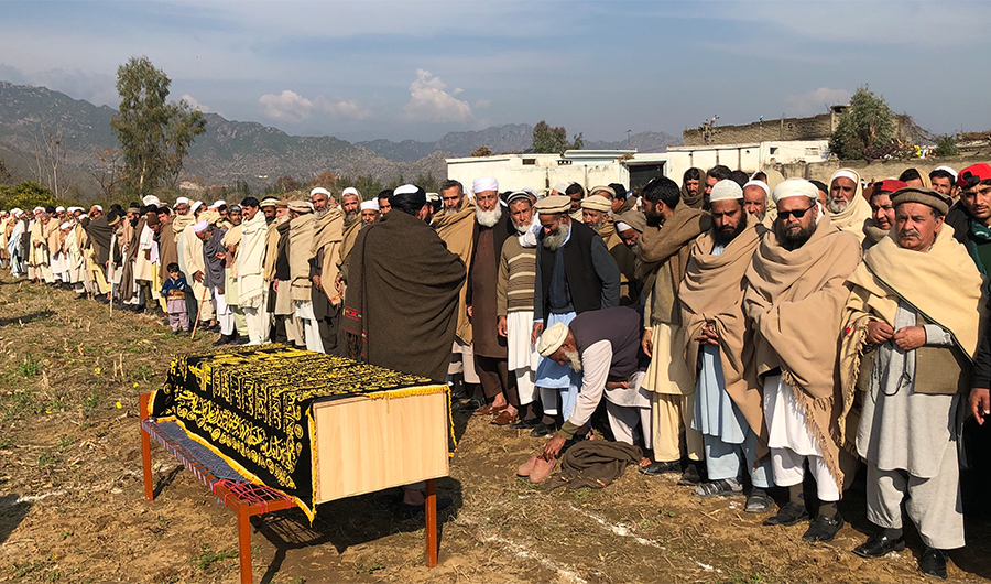 Large number of people from Parmolai and the nearby villages attended the funeral prayers of the LHW killed in the terrorist attack in Swabi on Wednesday, January 29, 2020. (AN Photo by Arshad Yusufzai)