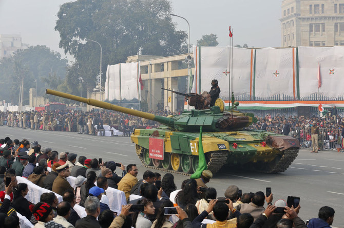 An Indian army tank rolls past during Republic Day parade in Lucknow, India, Sunday, Jan. 26, 2020. (AP)