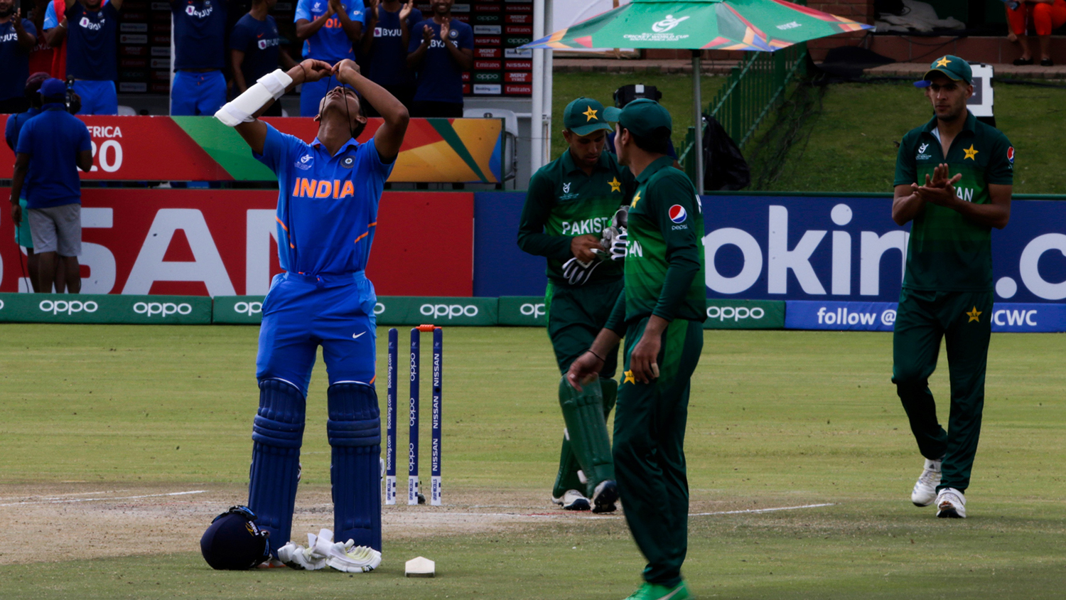 India’s batsman Yashasvi Jaiswal celebrates after scoring a century (100 runs) during the ICC Under-19 World Cup cricket semi-final between India and Pakistan at the Senwes Park, in Potchefstroom on Feb. 4, 2020. (AFP)