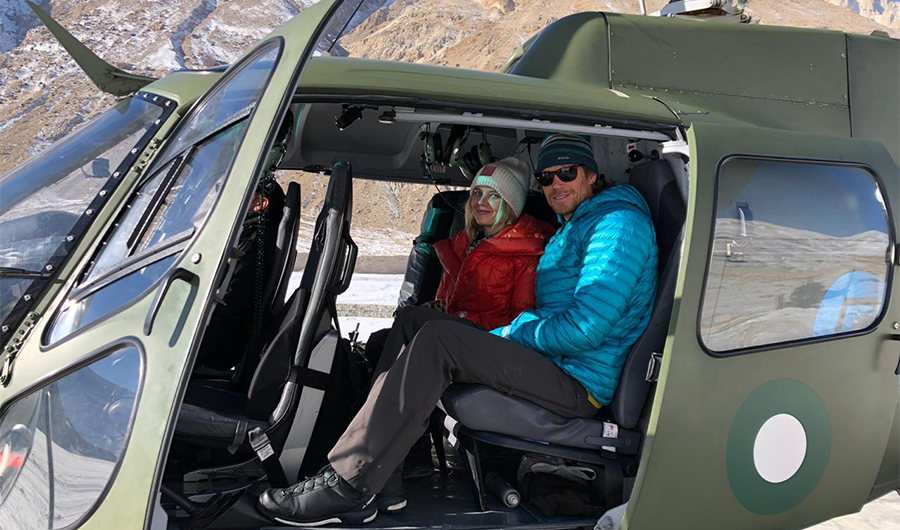 Mountaineers from US and Finland rescued by Pakistan Army flying to a safe location in Pakistan's military helicopter on Feb 9, 2020. (ISPR)
