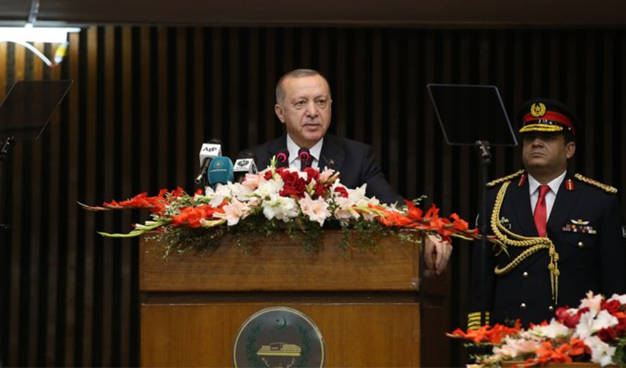 Turkish President Recep Tayyip Erdogan while addressing the joint session of Pakistan's parliament on February 14, 2020. (Photo by Radio Pakistan)