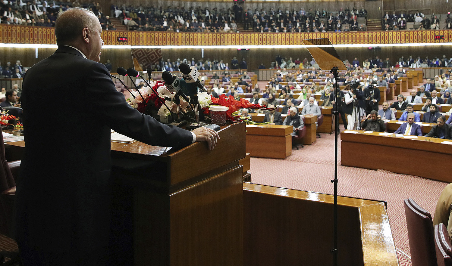 Turkey's President Recep Tayyip Erdogan addresses the Parliament in Islamabad on Feb. 14, 2020. (Presidential Press Service via AP, Pool)