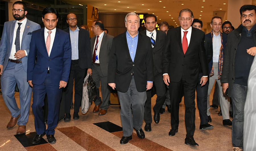 UN Secretary-General Antonio Guterres, with Pakistan's Permanent Representative to the UN, Ambassador Munir Akram on former's arrival in Islamabad on February 16, 2020. (PID)