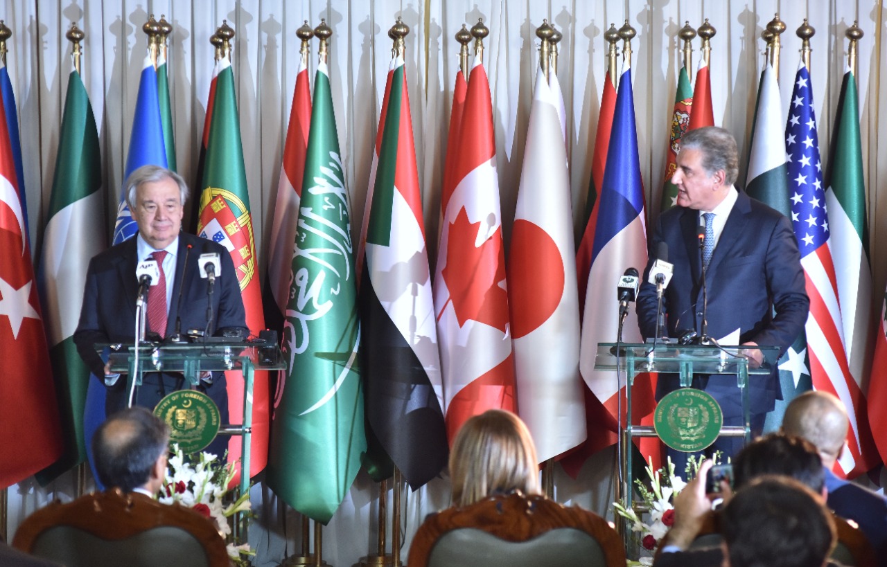United Nations Secretary General Antonio Guterres and Pakistan's foreign minister Shah Mahmood Qureshi address a joint press conference in Islamabad on Sunday, Feb. 16, 2020. (Photo courtesy: Ministry of Foreign Affairs)