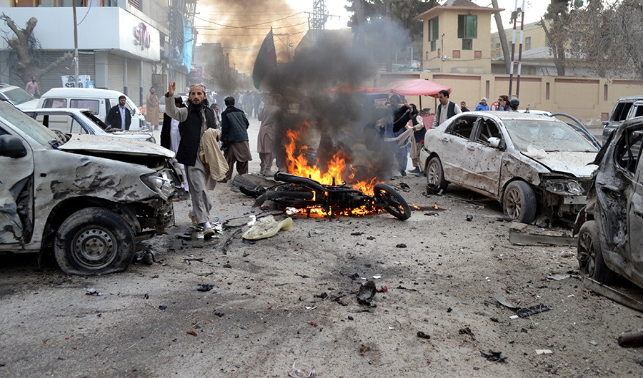 People gather at the site of a bomb blast in Quetta, Pakistan February 17, 2020. (Reuters)