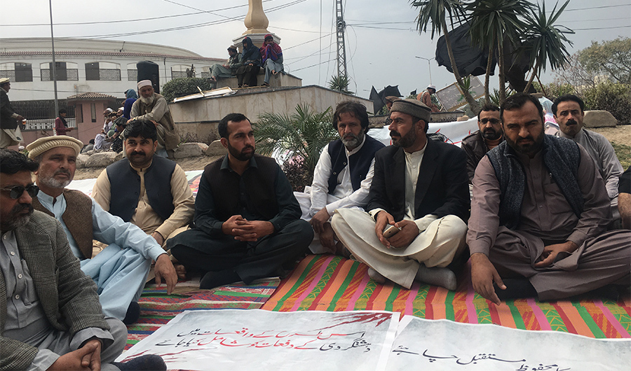 Asjid Khan, father of seven-year-old Hooz Noor who was raped and murdered in Nowshera last month, is sitting far right during a hunger strike in Peshawar on Feb. 19, 2020, to demand provincial lawmakers pass regulation to protect children from sexual abuse. (AN photo)