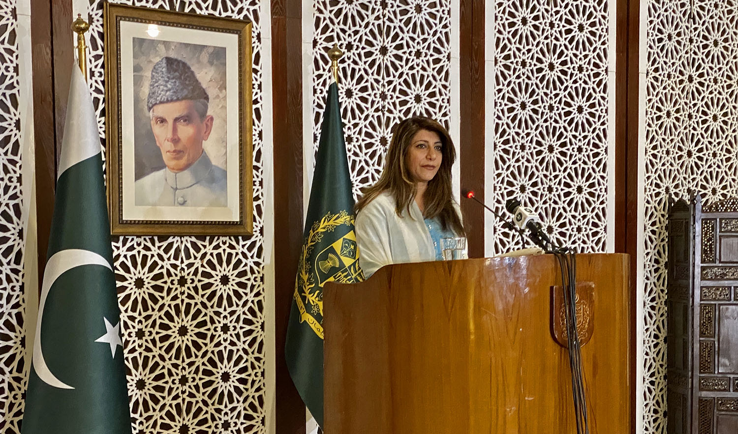 Pakistan's foreign office spokesperson Aisha Farooqui is addressing the weekly press briefing in Islamabad on Feb. 20, 2020. (AN Photo)
