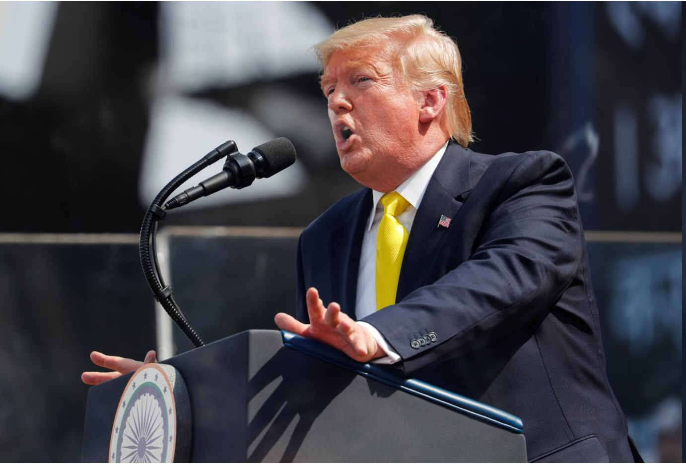 U.S. President Donald Trump speaks at a "Namaste Trump" event, during his visit to India, at Sardar Patel Gujarat Stadium, in Ahmedabad, India, February 24, 2020. (REUTERS)