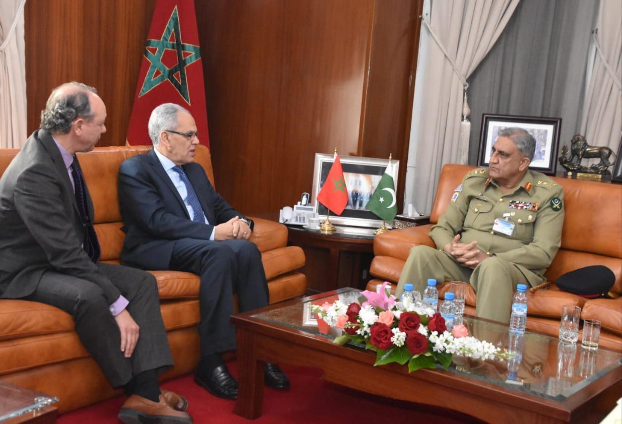 Pakistan Army chief Gen. Qamar Javed Bajwa meets Moroccan Minister Delegate for National Defense Administration Abdeltif Loudyi in Rabat on Feb. 20, 2020. (Photo courtesy: ISPR)