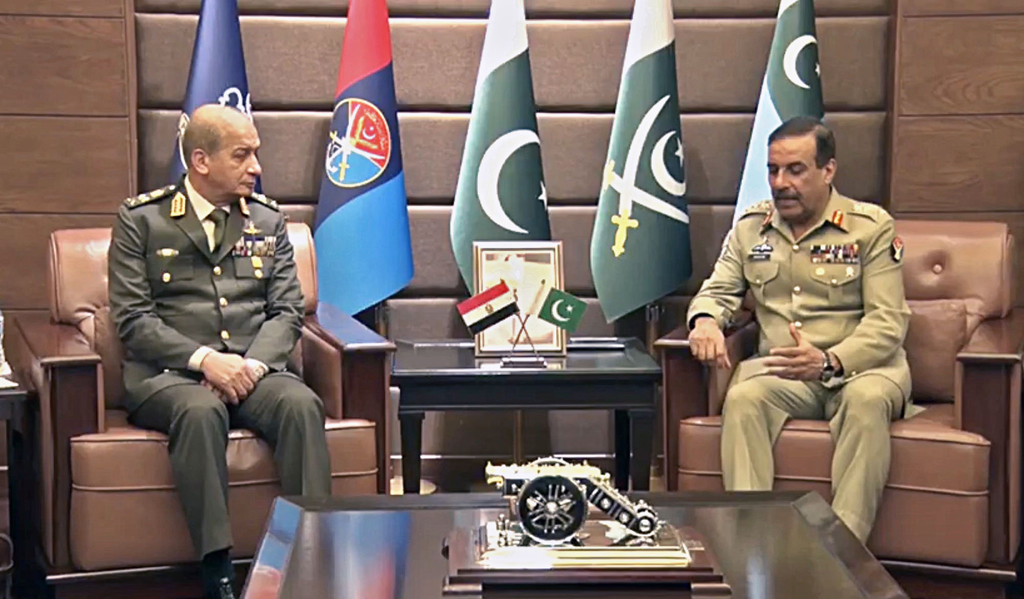 Egypt’s Defense Minister General Mohamed Ahmed Zaki, left, in a meeting with Chairman Joint Chiefs of Staff Committee General Nadeem Raza in Rawalpindi on Feb. 25, 2020. (Photo: ISPR)