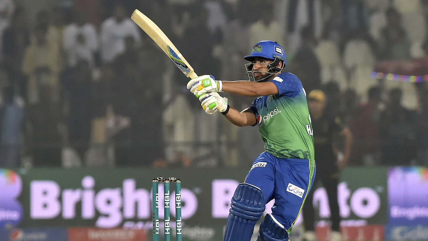 Khushdil Shah of Multan Sultans plays a boundary against Peshawar Zalmi in the Pakistan Super League match in Multan on Feb 26, 2020. (AP)