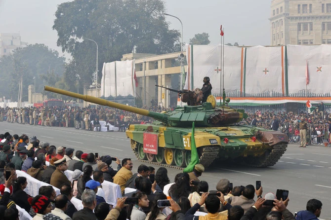 An Indian army tank rolls past during Republic Day parade in Lucknow, India, Sunday, Jan. 26, 2020. (AP)
