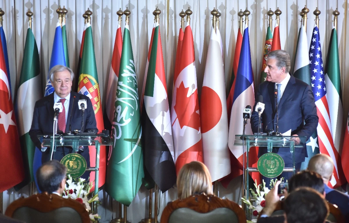United Nations Secretary General Antonio Guterres and Pakistan's foreign minister Shah Mahmood Qureshi address a joint press conference in Islamabad on Sunday, Feb. 16, 2020. (Photo courtesy: Ministry of Foreign Affairs)
