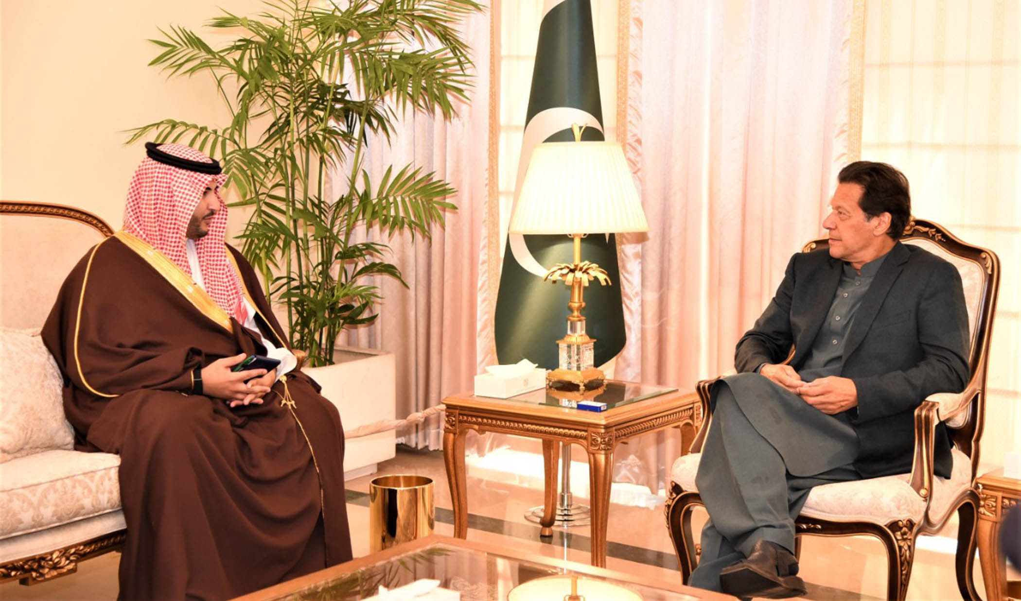 Saudi Arabia's Deputy Defense Minister Prince Khalid bin Salman bin Abdulaziz, left, calls on Prime Minister Imran Khan in Islamabad on March 2, 2020. (PID)