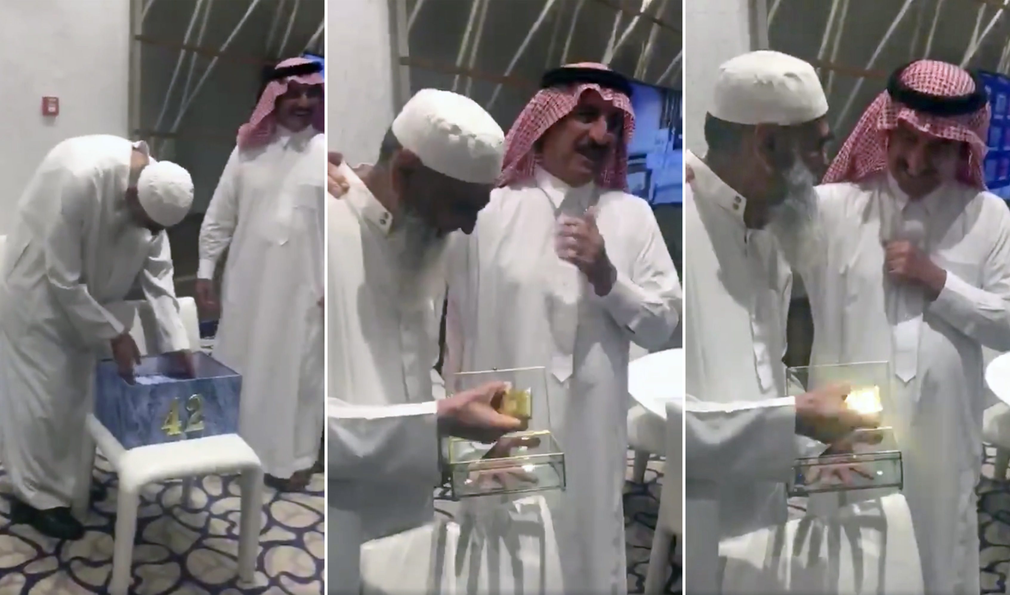 Screengrabs taken from a viral video shows a Pakistani expat working for a Saudi firm receiving a gold bar from his employees. (Photo courtesy: @alsaudi_today/Twitter)