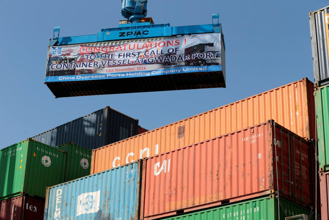 A container is loaded on to the first Chinese container ship to depart after the inauguration of the China Pakistan Economic Corridor port in Gwadar in 2016. (File/Reuters)