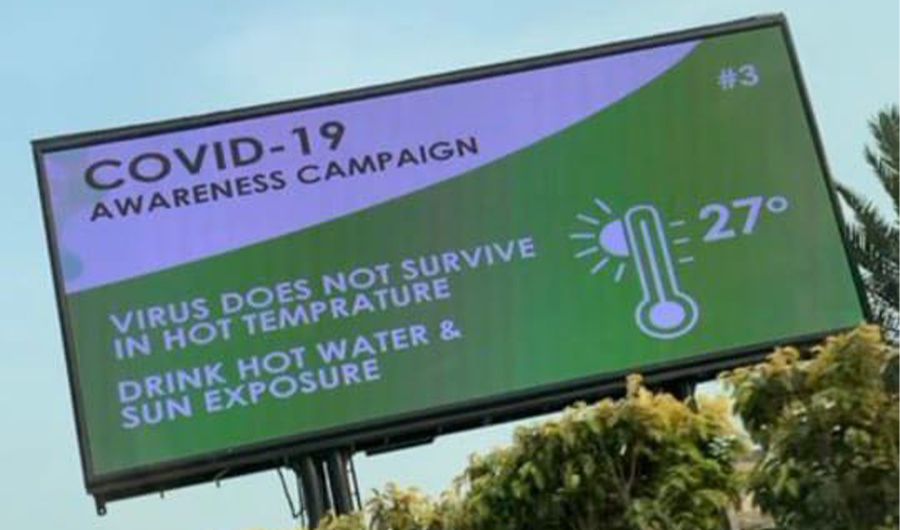 A billboard on coronavirus misconception displayed on main road in Lahore on March 19, 2020. (Photo courtesy: social media)
