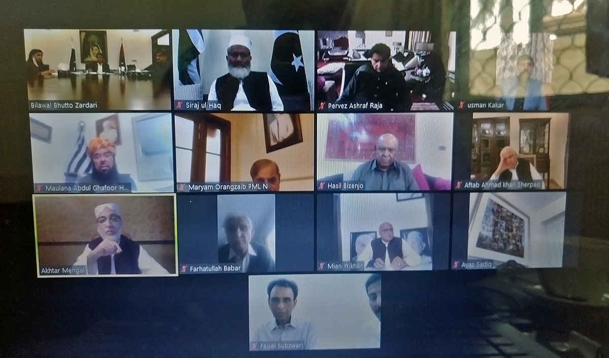 This photograph released by Member of Senate Hasil Bizenjo shows opposition leaders holding a video conference on March 24, 2020, to devise a strategy to help the government curb the spread of coronavirus in Pakistan. (Photo courtesy: Hasil Bizenjo/Twitter)