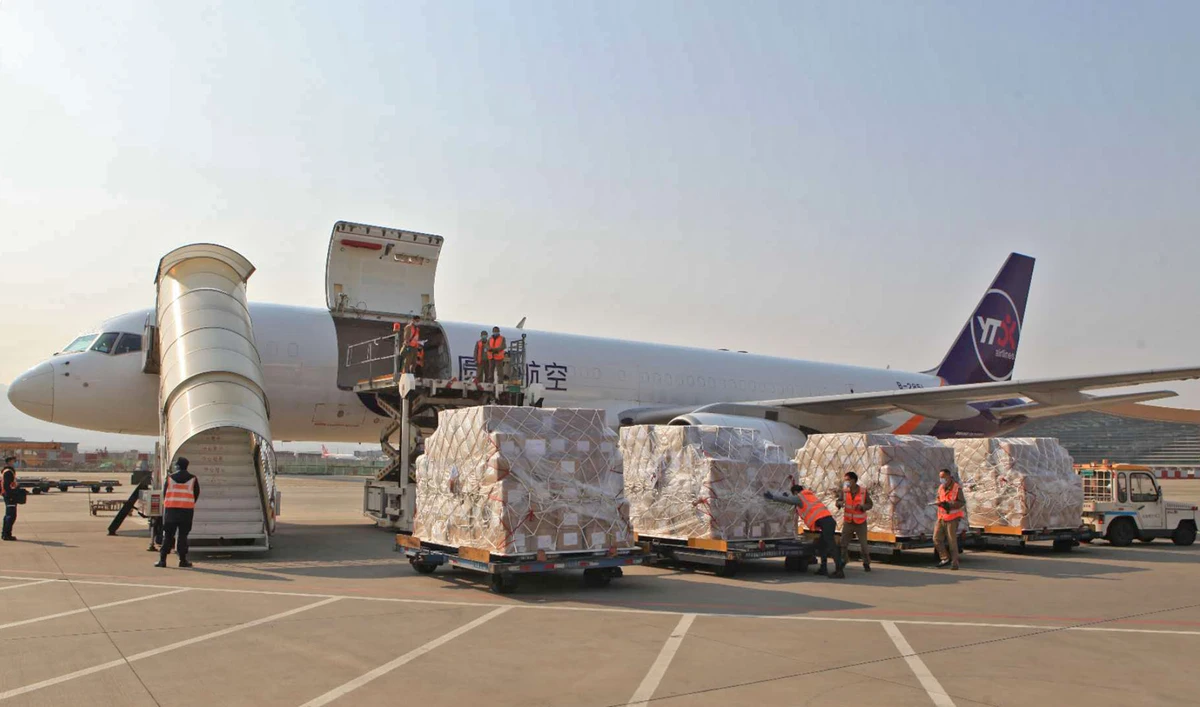 This file photo shows a plane bound for Pakistan carrying N95 and surgical masks sponsored by China's Jack Ma foundation and the Alibaba Foundation, on March 25, 2020. (Photo courtesy: Chinese Embassy Pakistan)