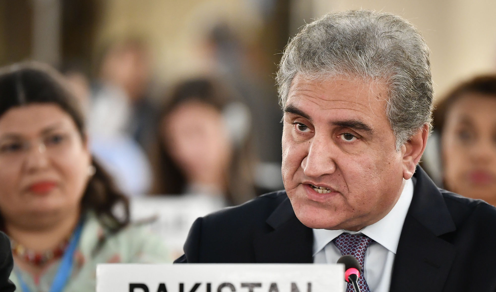 In this file photo, Pakistani Foreign Minister Shah Mehmood Qureshi addresses the United Nations Human Rights Council in Geneva on Sept. 10, 2019. (AFP)