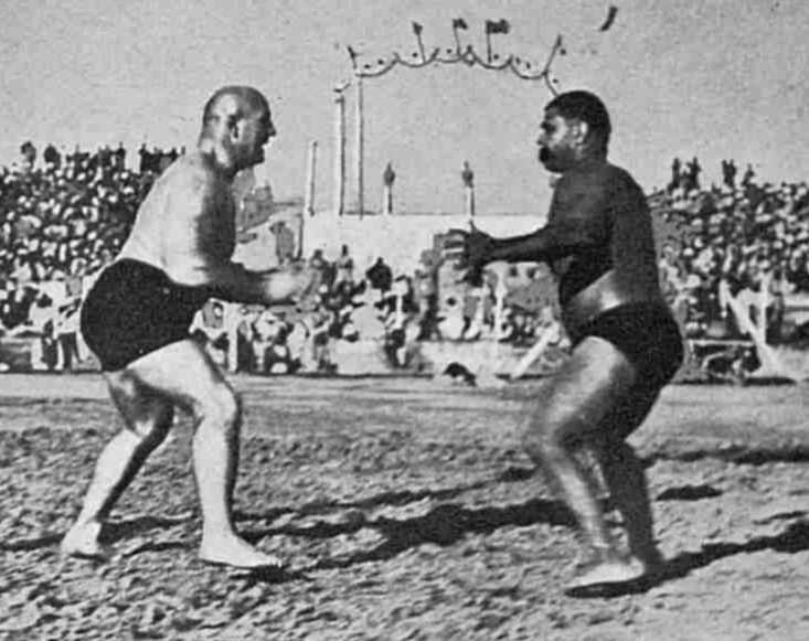 The long-awaited rematch between Gama and Zbyszko starts in Patiala on Jan. 29, 1928, at a special ring constructed for the occasion. (The Sphere via AN)