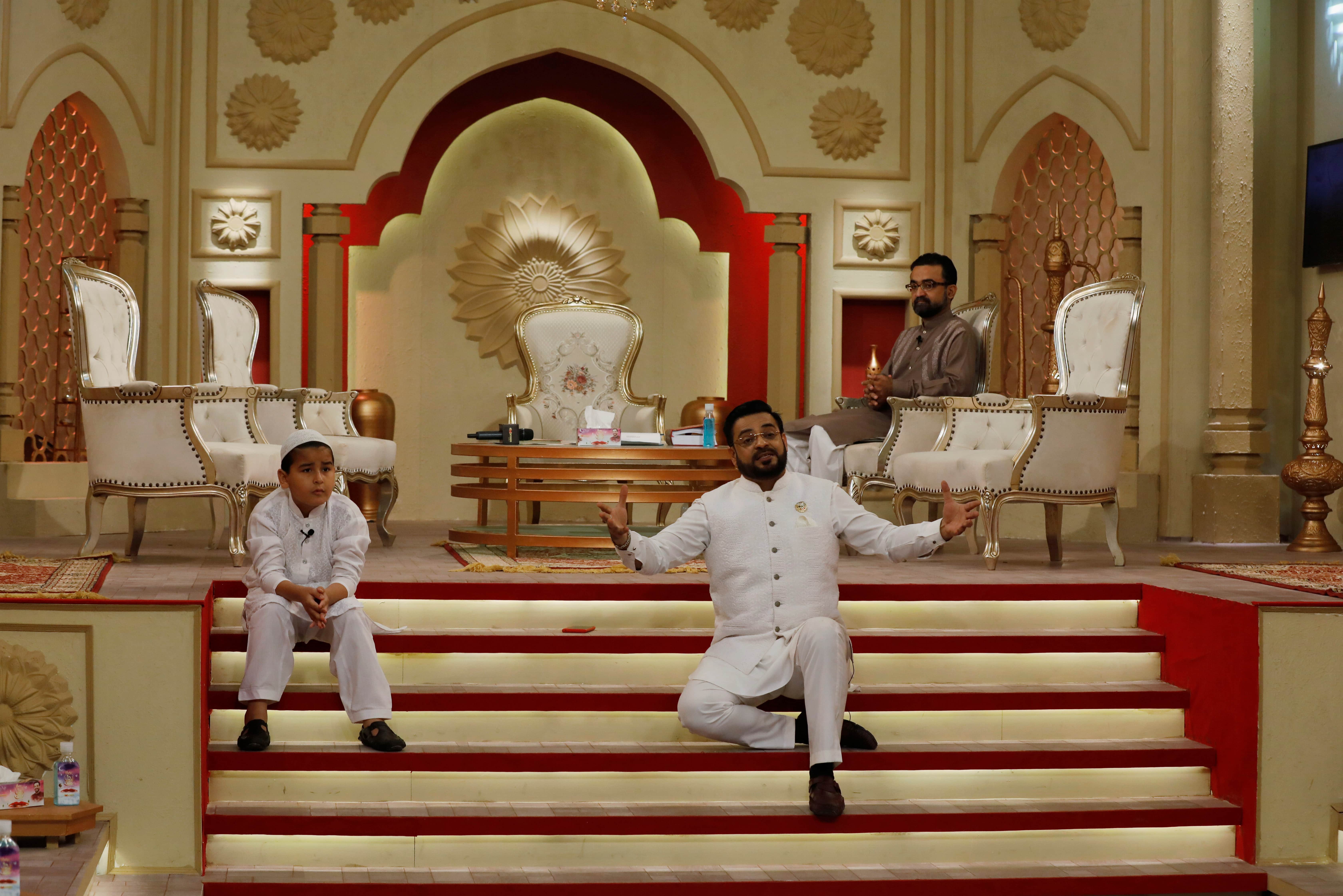 Aamir Liaquat Hussain, host of the Express TV channel programme "Piyara Ramazan", speaks during a live show, as the coronavirus disease (COVID-19) outbreak continues in Karachi, Pakistan April 25, 2020. Picture taken April 25, 2020. (REUTERS)