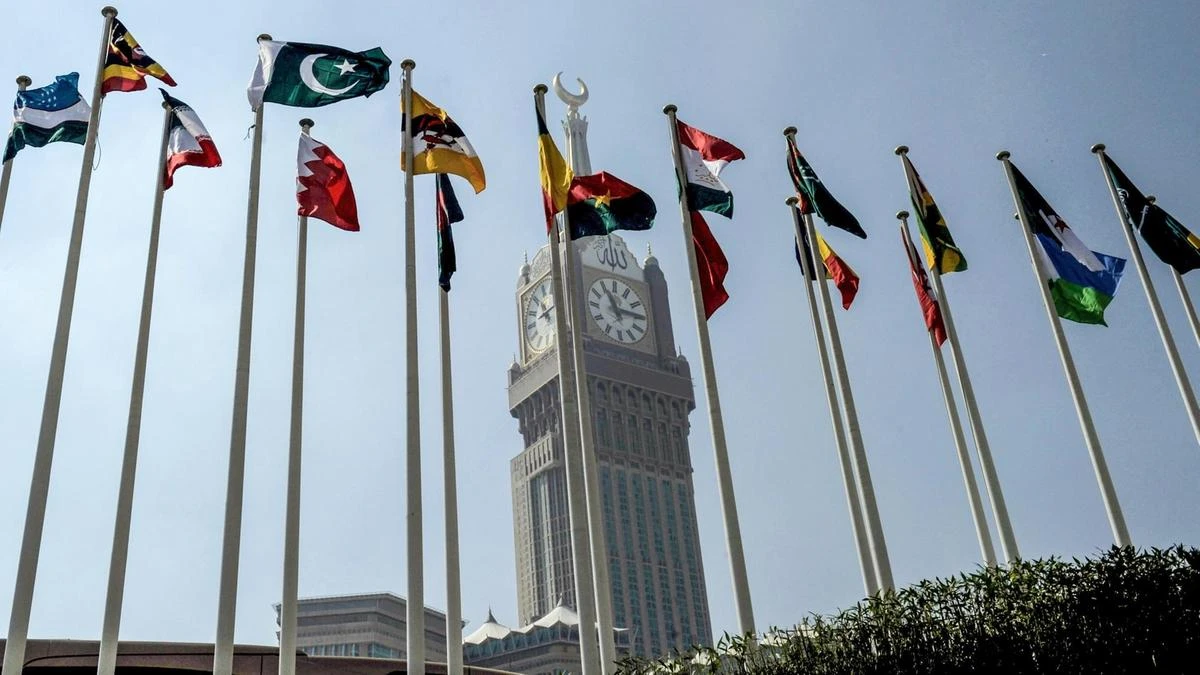 In this file photo, flags of Organization of Islamic Cooperation member-states fly in front of the Abraj al-Bait Towers in Makkah on Nov. 17, 2016. (AFP)