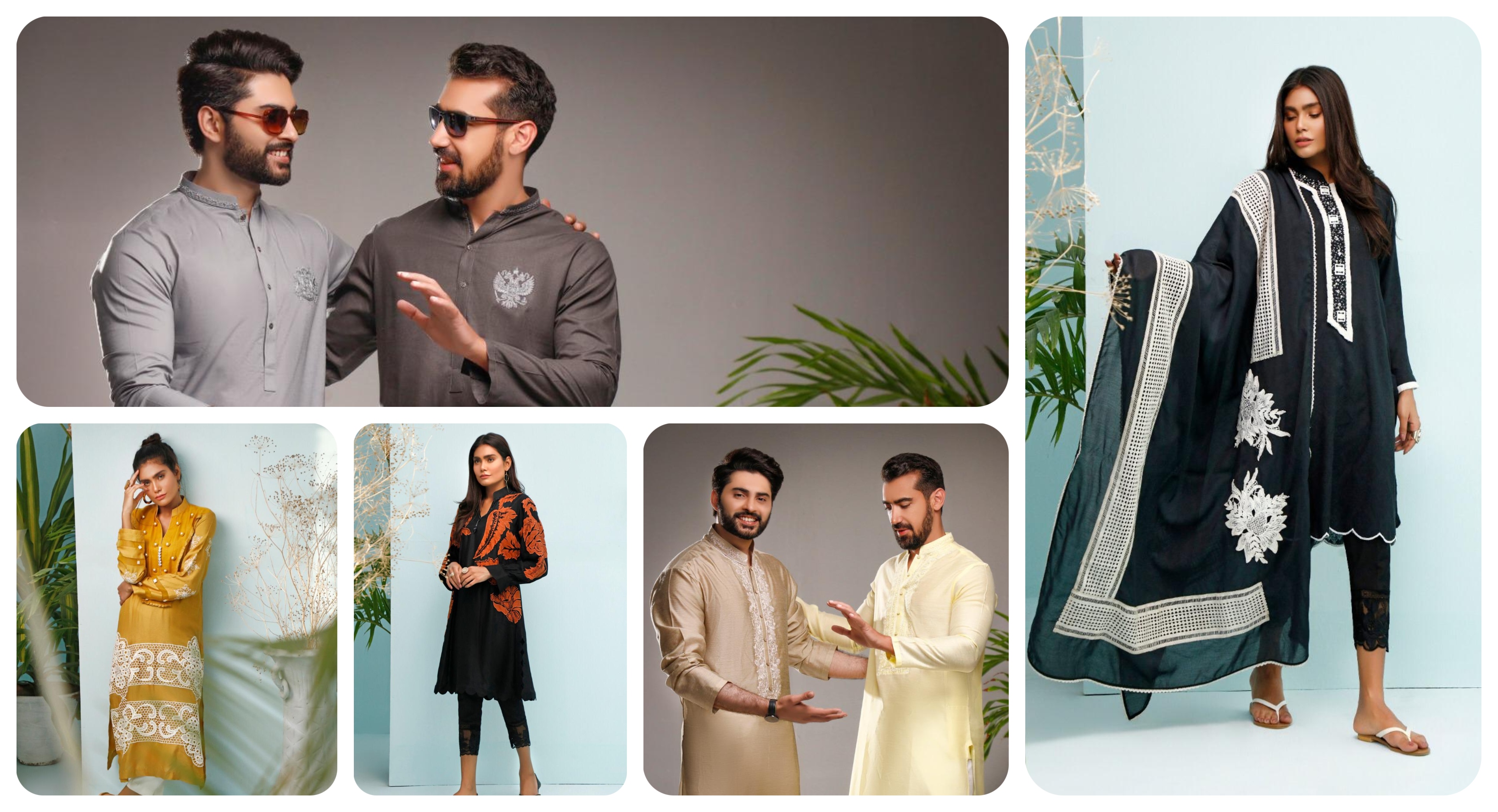 The collage shows 2020 Ramadan and Eid collections of Nauman Arfeen and Mona Imran. (Photo courtesy: Nauman Arfeen and Mona Imran)