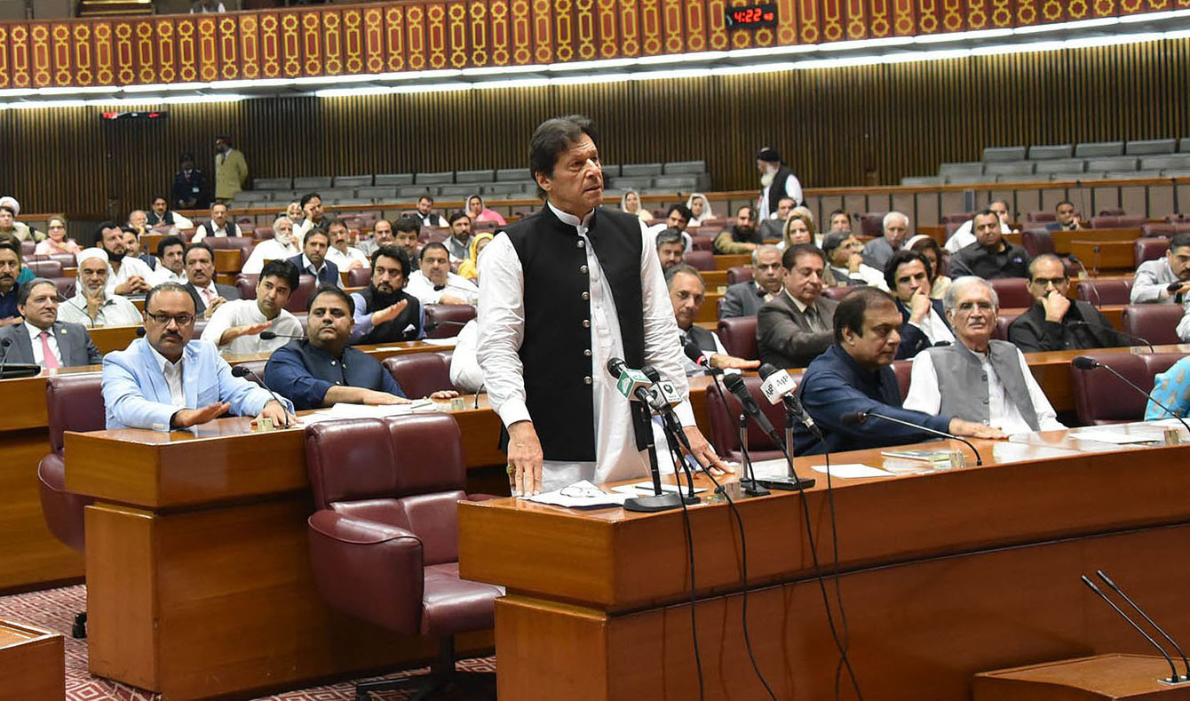 This file photo shows Pakistan premier Imran Khan during the joint session of the Parliament in Islamabad on Aug. 6, 2019. (Photo courtesy: National Assembly of Pakistan)