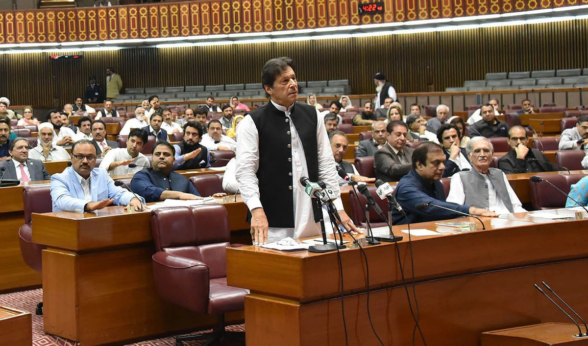 This file photo shows Pakistan premier Imran Khan during the joint session of the Parliament in Islamabad on Aug. 6, 2019. (Photo courtesy: National Assembly of Pakistan)