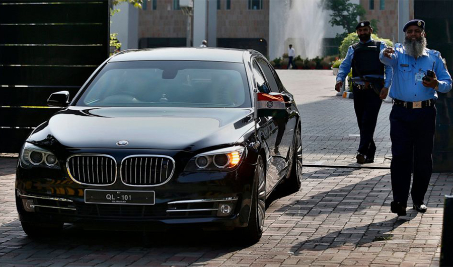 A vehicle carrying an Indian diplomat leaves the foreign ministry following a meeting with Kulbhushan Jadhav, an imprisoned Indian convicted of spying, in Islamabad, Pakistan, Monday, Sept. 2, 2019. (AP Photo)